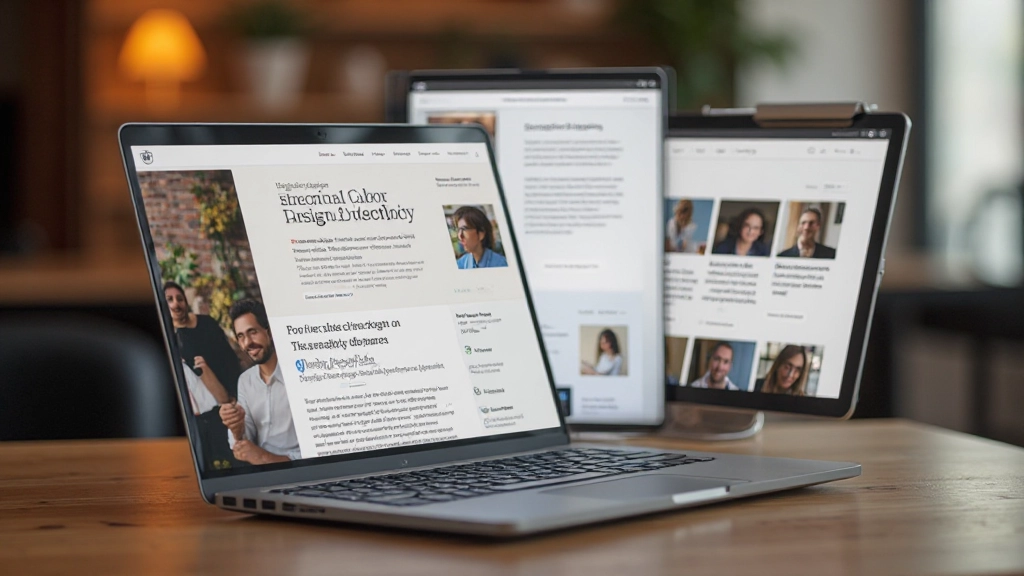 Laptop toont professionele website met perfecte balans van inhoud en witruimte