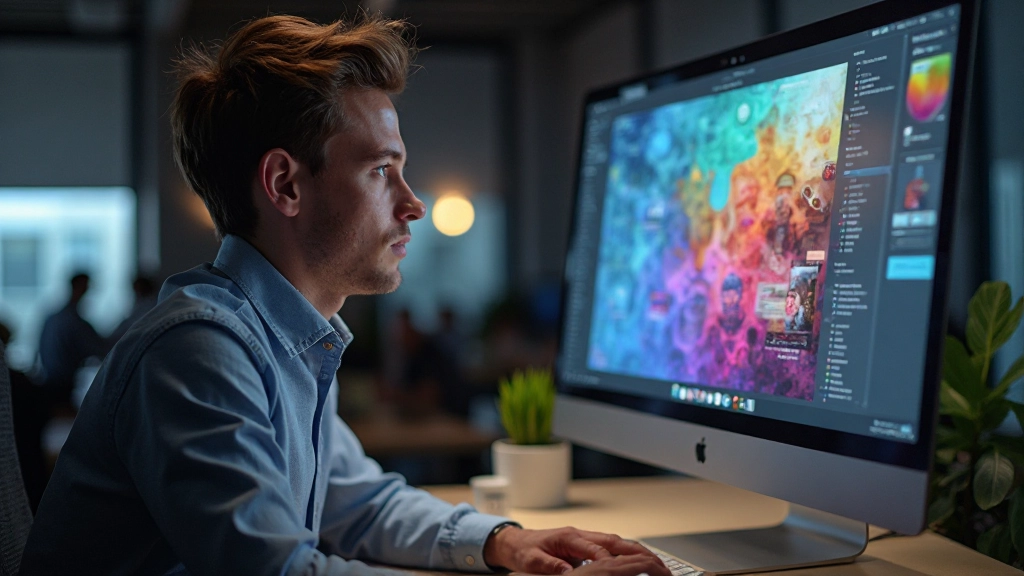 Close-up van persoon die naar kleurrijke website design op scherm kijkt met concentratie