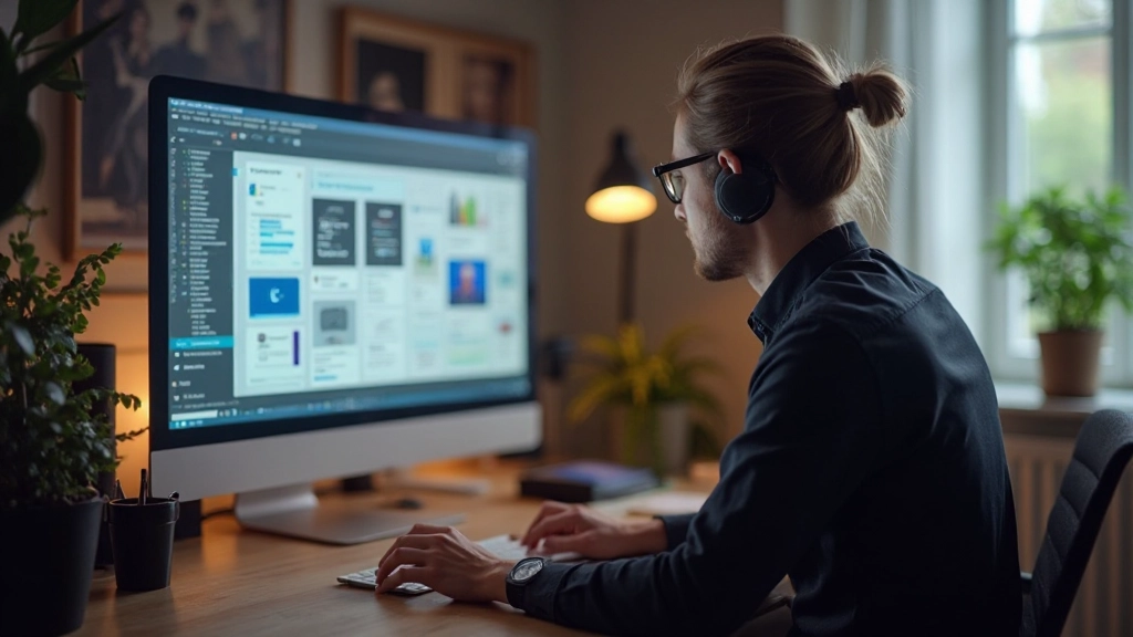 Ontwerper werkt aan vertrouwenspel interface met groot scherm in moderne studio met warm licht